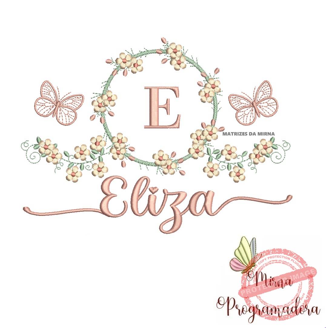 matriz de bordado eliza Matriz de Bordado Moldura Flores Borboleta Nome Eliza - Imagem 1