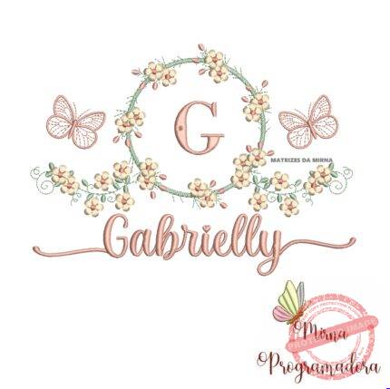 Matriz de Bordado Moldura Flores Borboleta Nome Gabrielly