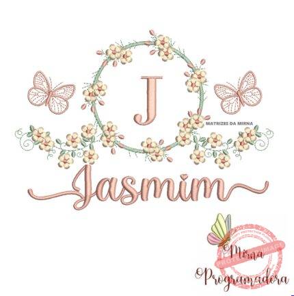 Matriz de Bordado Moldura Flores Borboleta Nome Jasmim