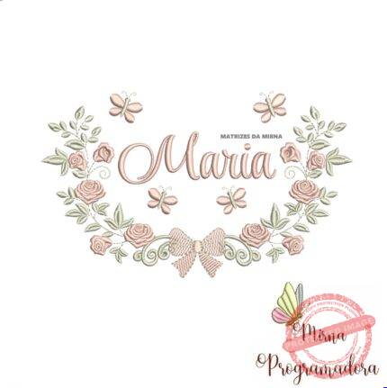 Matriz de Bordado Moldura Raminho Flores Nome Maria
