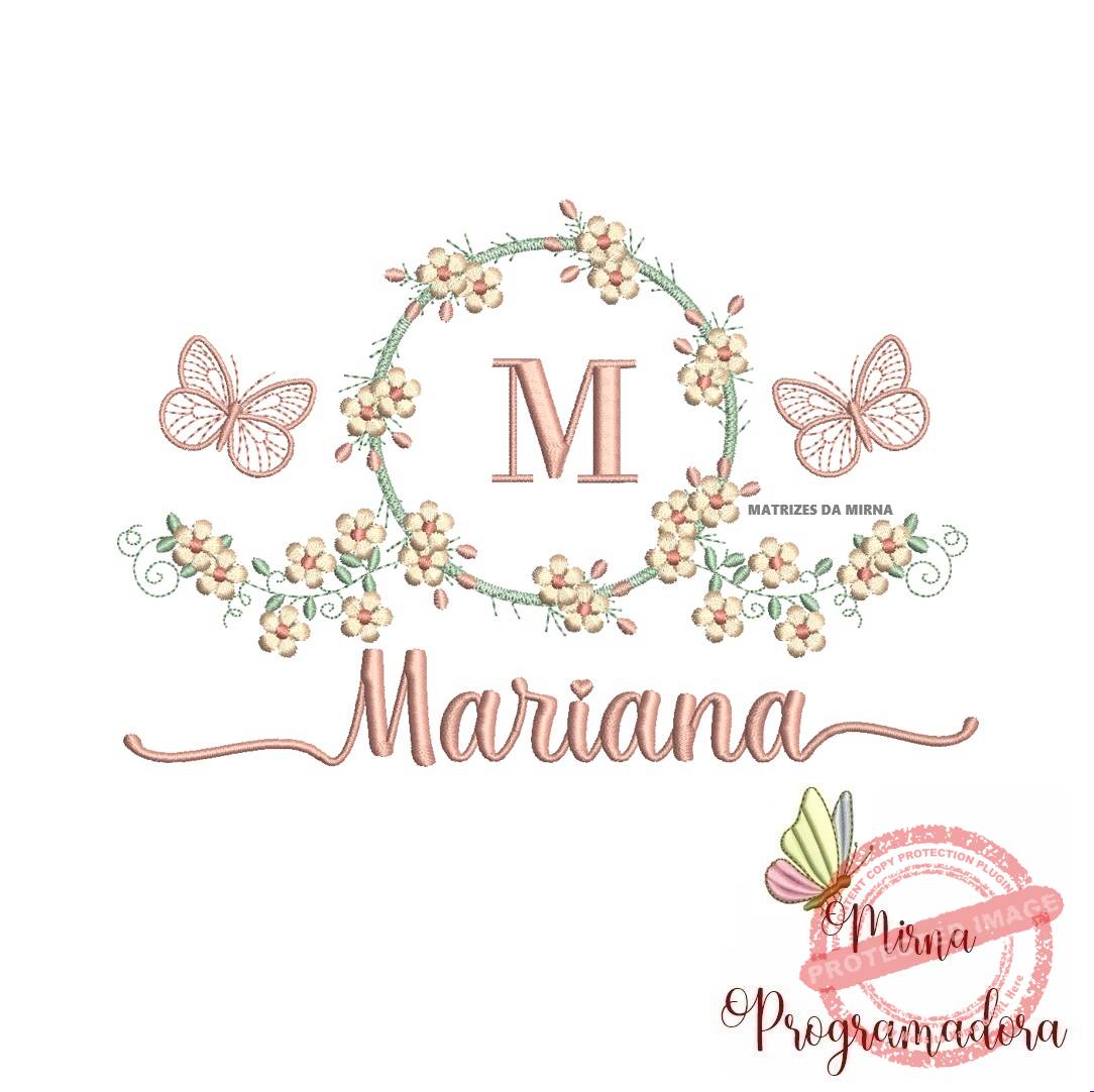 matriz de bordado mariana Matriz de Bordado Moldura Flores Borboleta Nome Mariana - Imagem 1