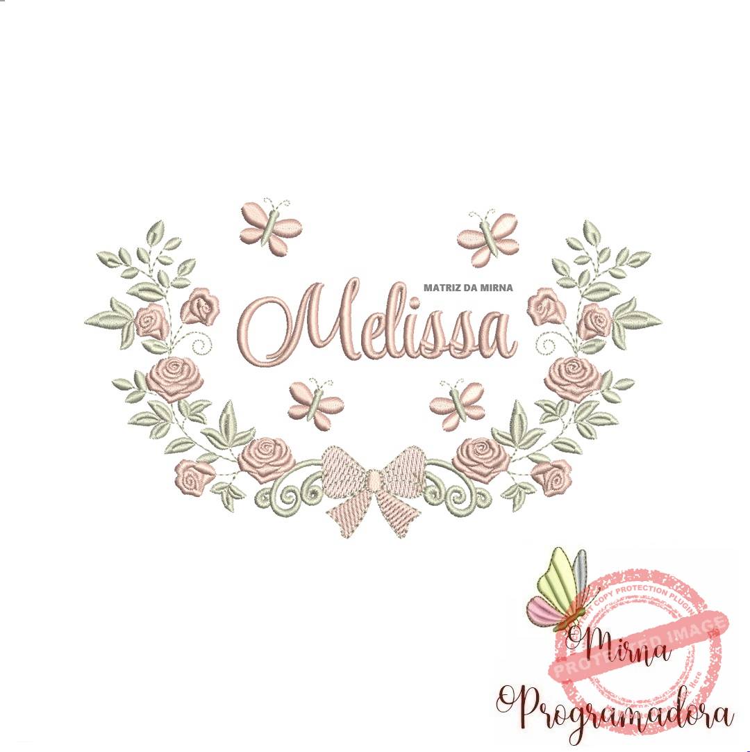 matriz de bordado-melissa Matriz de Bordado Moldura Raminho Flores Nome Melissa - Imagem 1
