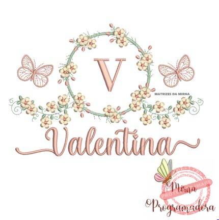 Matriz de Bordado Moldura Flores Borboleta Nome Valentina