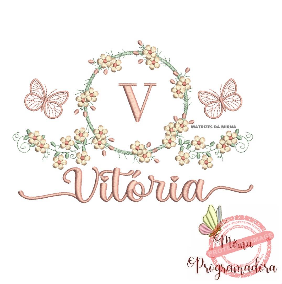 matriz de bordado vitoria Matriz de Bordado Moldura Flores Borboleta Nome Vitória - Imagem 1