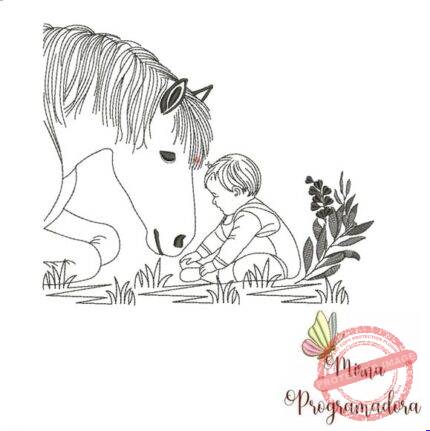 Matriz de Bordado - Menino com Cavalo Contorno