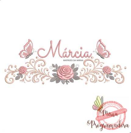 matriz de bordado arabesco rosas borboletas nome marcia-028