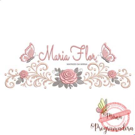 matriz de bordado arabesco rosas borboletas nome maria flor 025